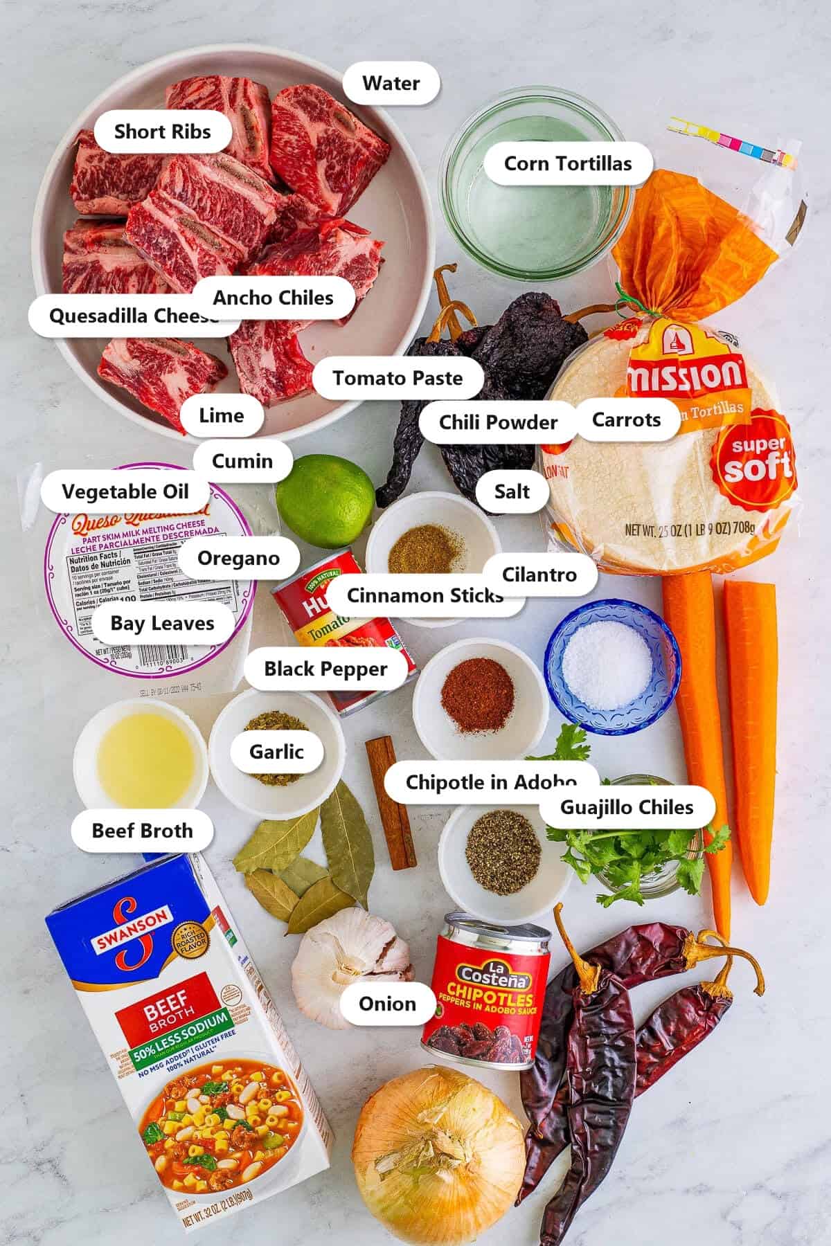 Labeled ingredients for birria tacos including beef short ribs, dried ancho and guajillo chiles, chipotle in adobo, spices, corn tortillas, and quesadilla cheese.