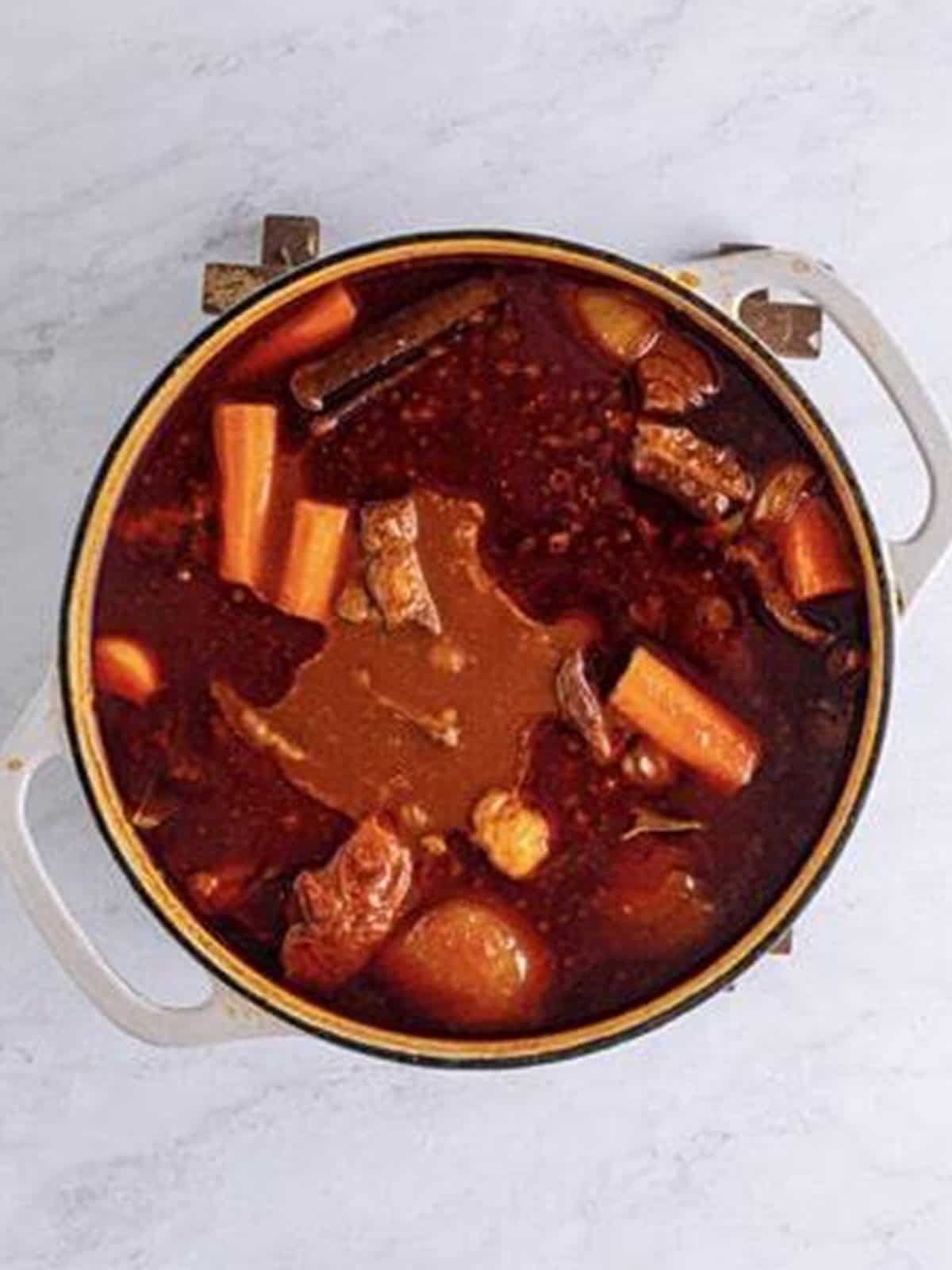 Birria short ribs simmered until tender in red chile broth with carrots.