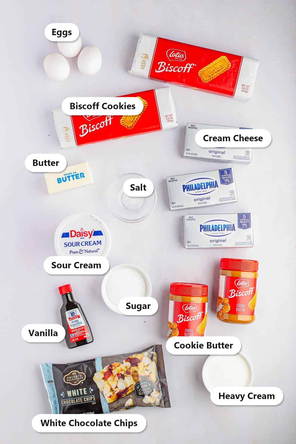 Labeled ingredients for Biscoff cheesecake bars including Biscoff cookies, cookie butter, cream cheese, sugar, sour cream, eggs, butter, white chocolate chips, heavy cream, and vanilla.