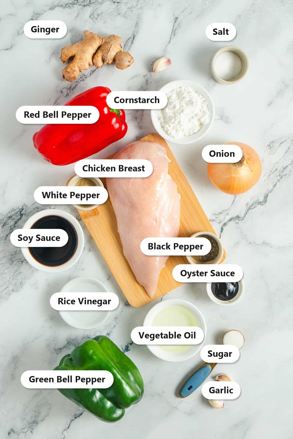 Labeled ingredients for black pepper chicken including chicken breast, red and green bell peppers, onion, garlic, ginger, cornstarch, soy sauce, oyster sauce, rice vinegar, black pepper, white pepper, salt, sugar, and vegetable oil.