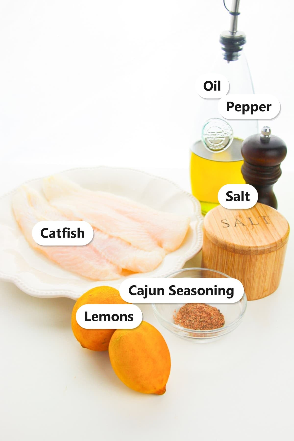 Labeled ingredients for blackened catfish including catfish filets, cajun seasoning, salt, pepper, oil, and lemons.