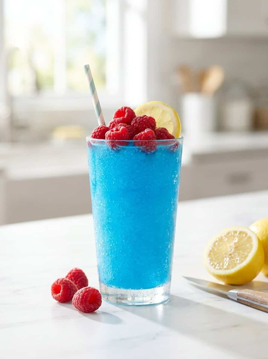A tall glass of frozen Blue Raspberry Slush topped with fresh raspberries, a lemon slice, and a straw.