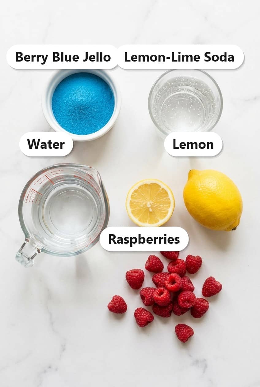 Berry Blue Jello, lemon-lime soda, water, lemon, and raspberries labeled for Blue Raspberry Slush.