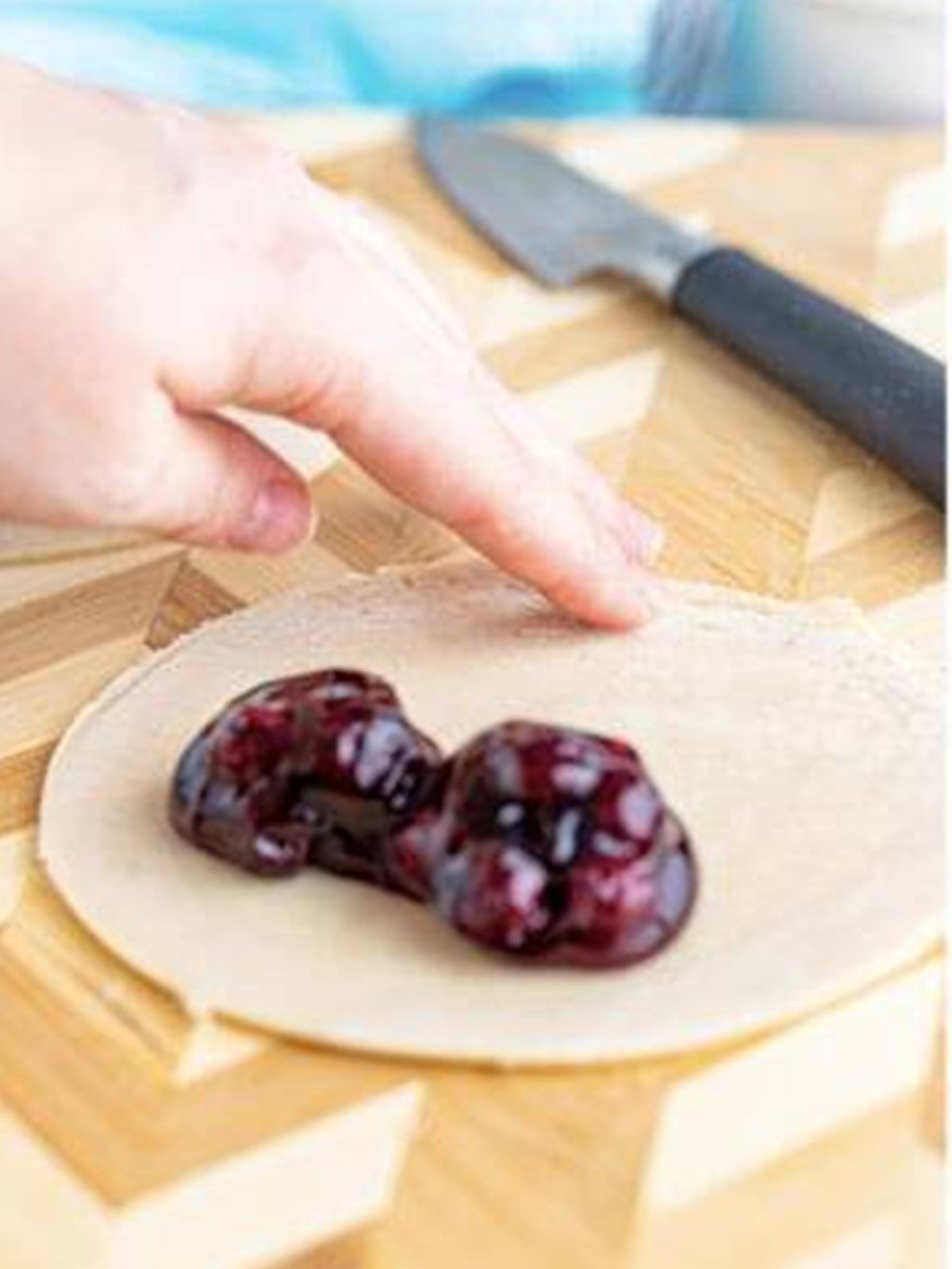 Blueberry pie filling placed on the bottom half of a pie crust circle.