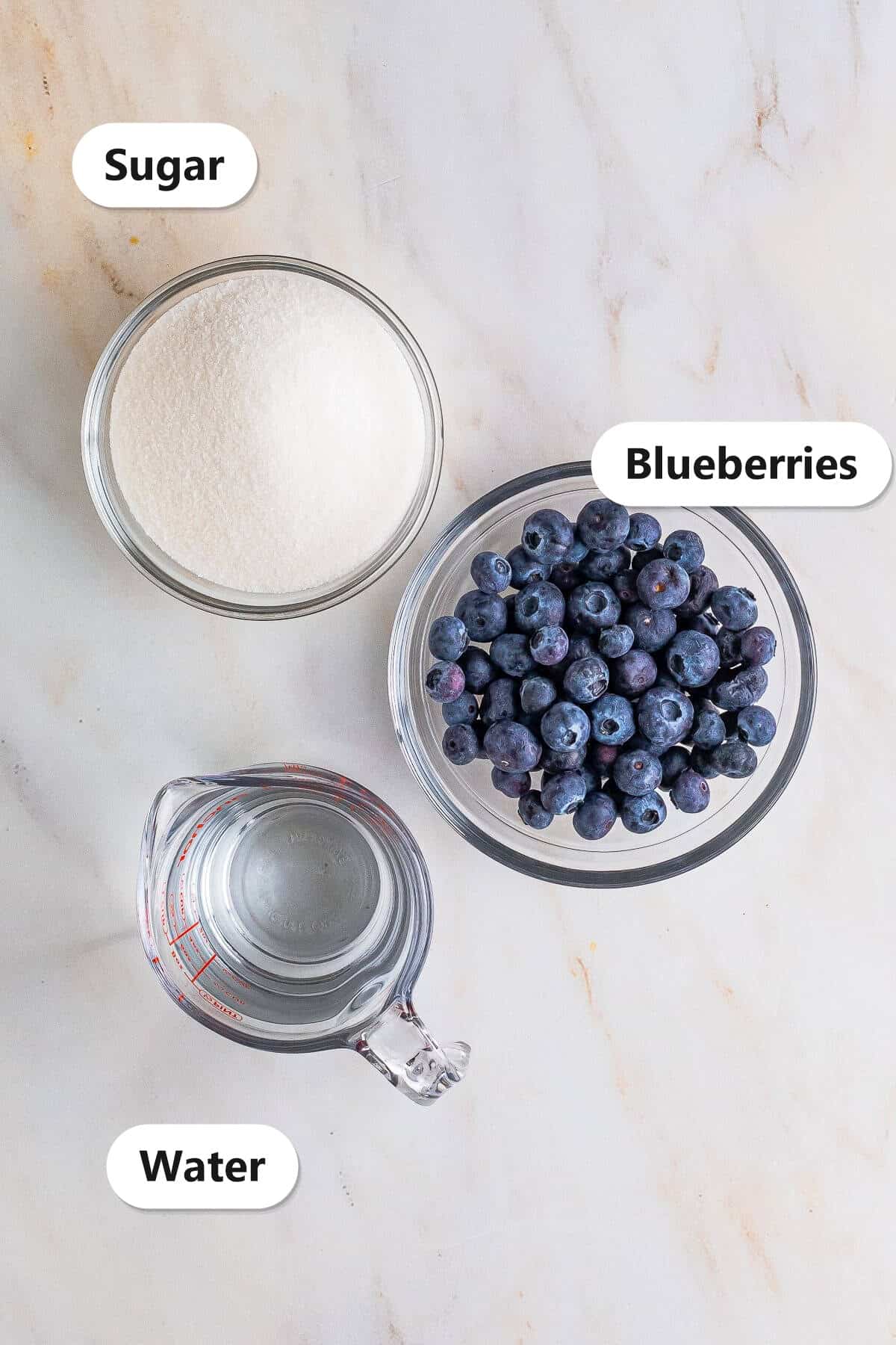 Sugar, fresh blueberries, and water laid out and labeled to make Blueberry Syrup.