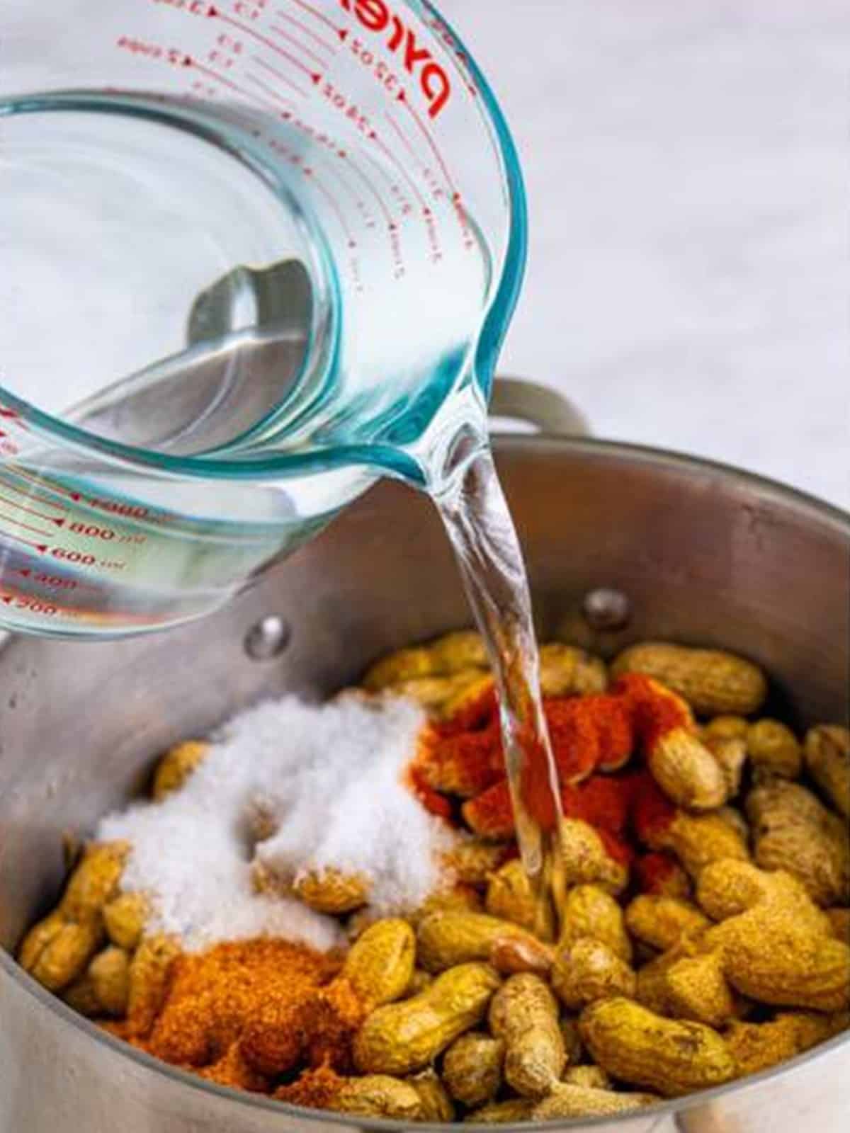 Salt, Creole seasoning, garlic powder, paprika, onion powder, and water added to the peanuts in the pot.