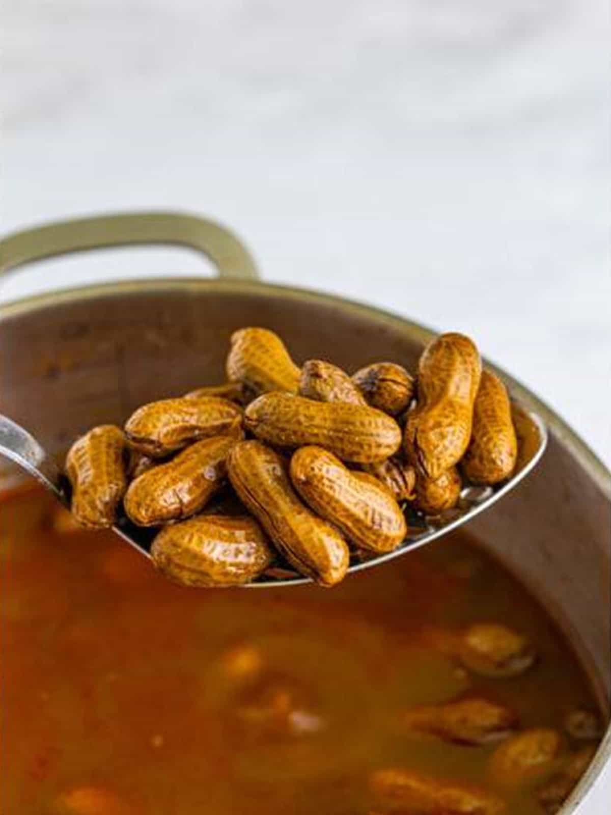 A ladle of finished Cajun boiled peanuts ready to serve.
