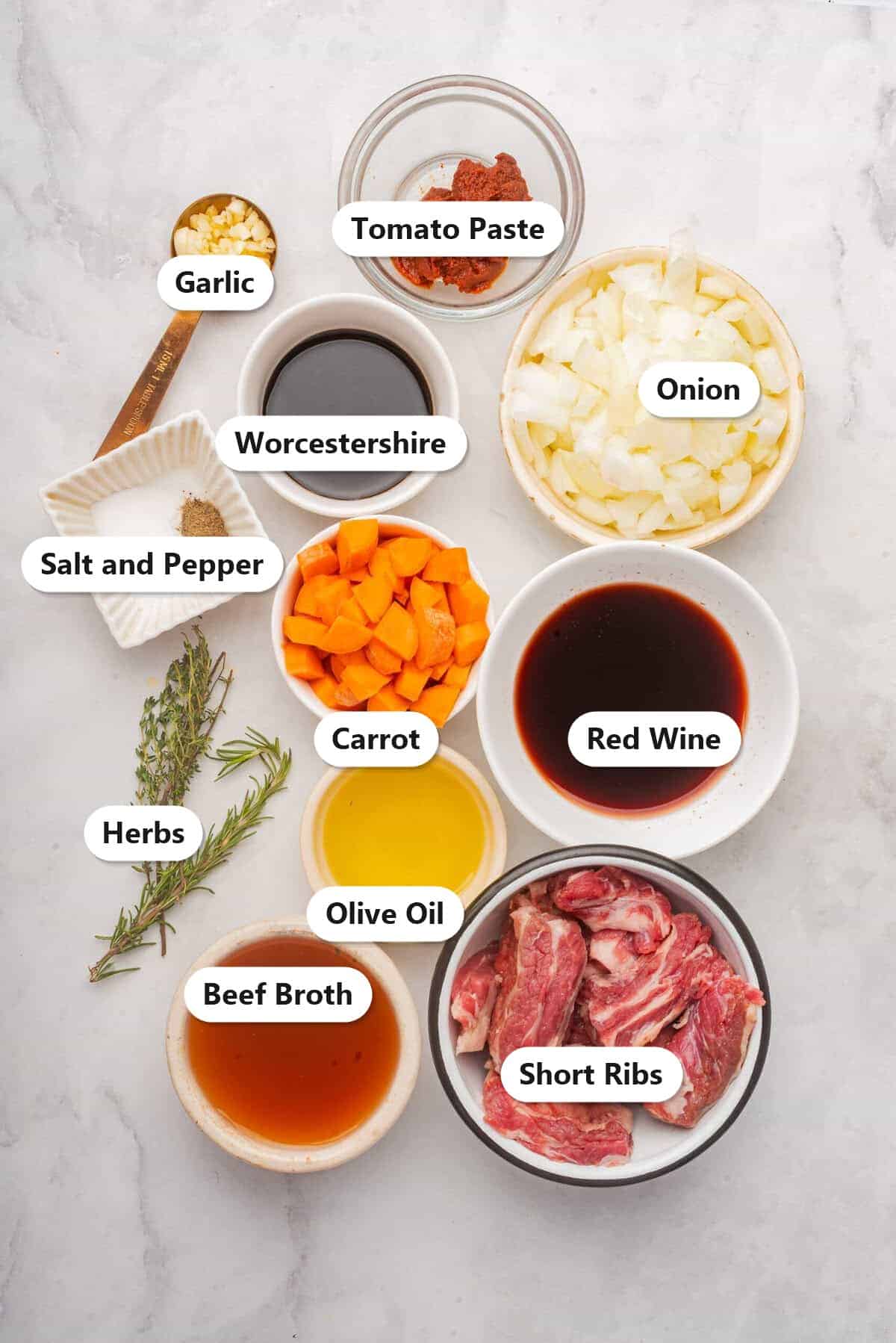 Boneless Short Ribs ingredients including beef short ribs, onion, carrot, garlic, tomato paste, red wine, beef broth, Worcestershire, herbs, oil, salt, and pepper labeled.