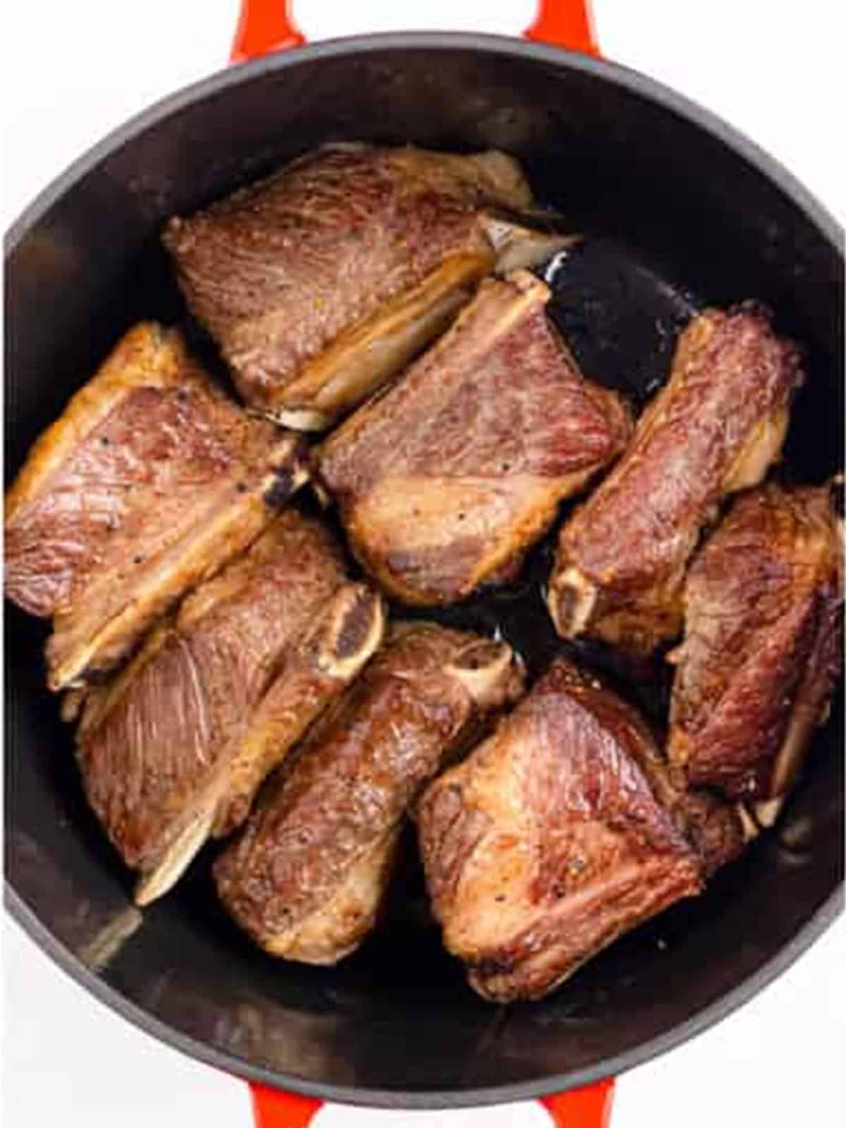 Beef short ribs seared and browned on all sides in a Dutch oven.