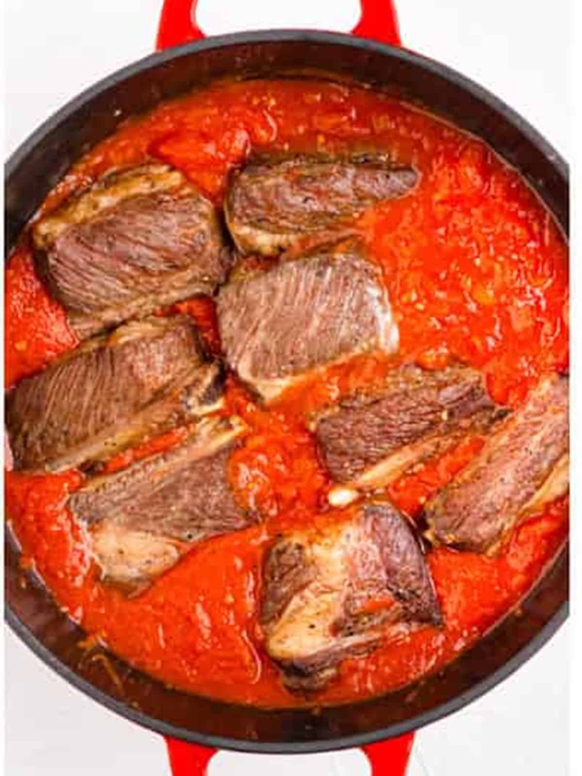 Beef short ribs braising in tomato sauce in a Dutch oven.