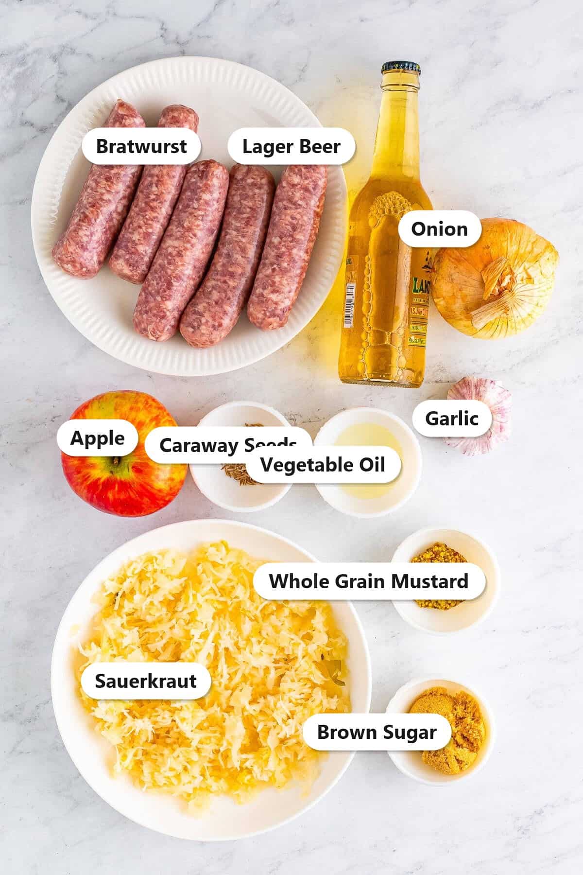 Labeled brats and sauerkraut ingredients including bratwurst, sauerkraut, lager beer, apple, onion, and mustard.