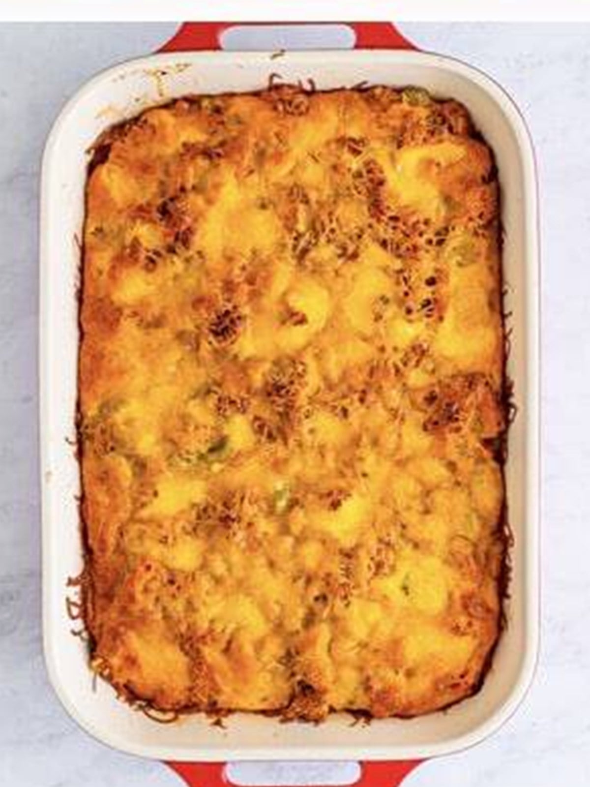 Baked golden breakfast casserole fresh from the oven