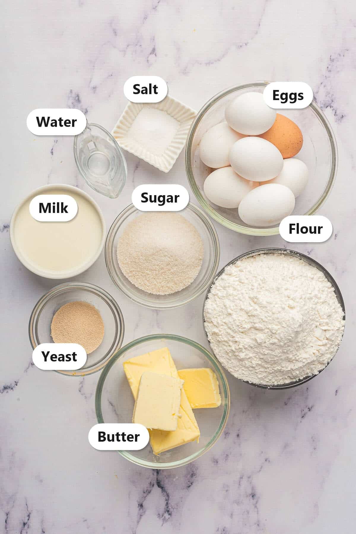 Labeled ingredients for brioche bread including flour, eggs, butter, milk, sugar, yeast, salt, and water.