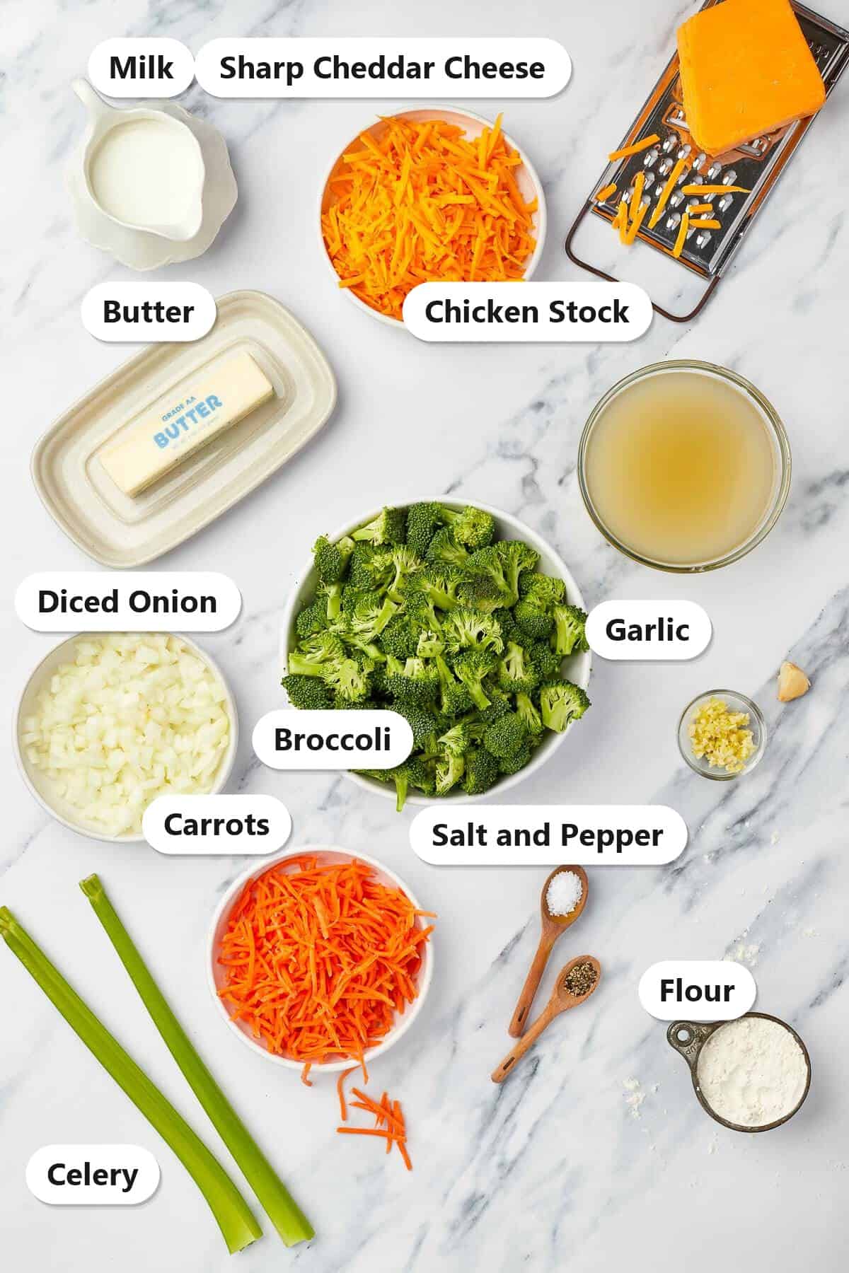 Broccoli cheddar soup ingredients including broccoli, sharp cheddar cheese, carrots, onion, celery, chicken stock, milk, butter, flour, and garlic.