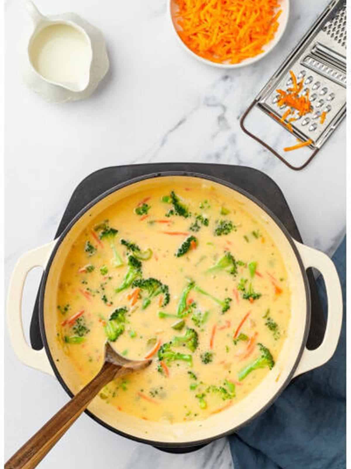 Broccoli cheddar soup simmered until the vegetables are tender.