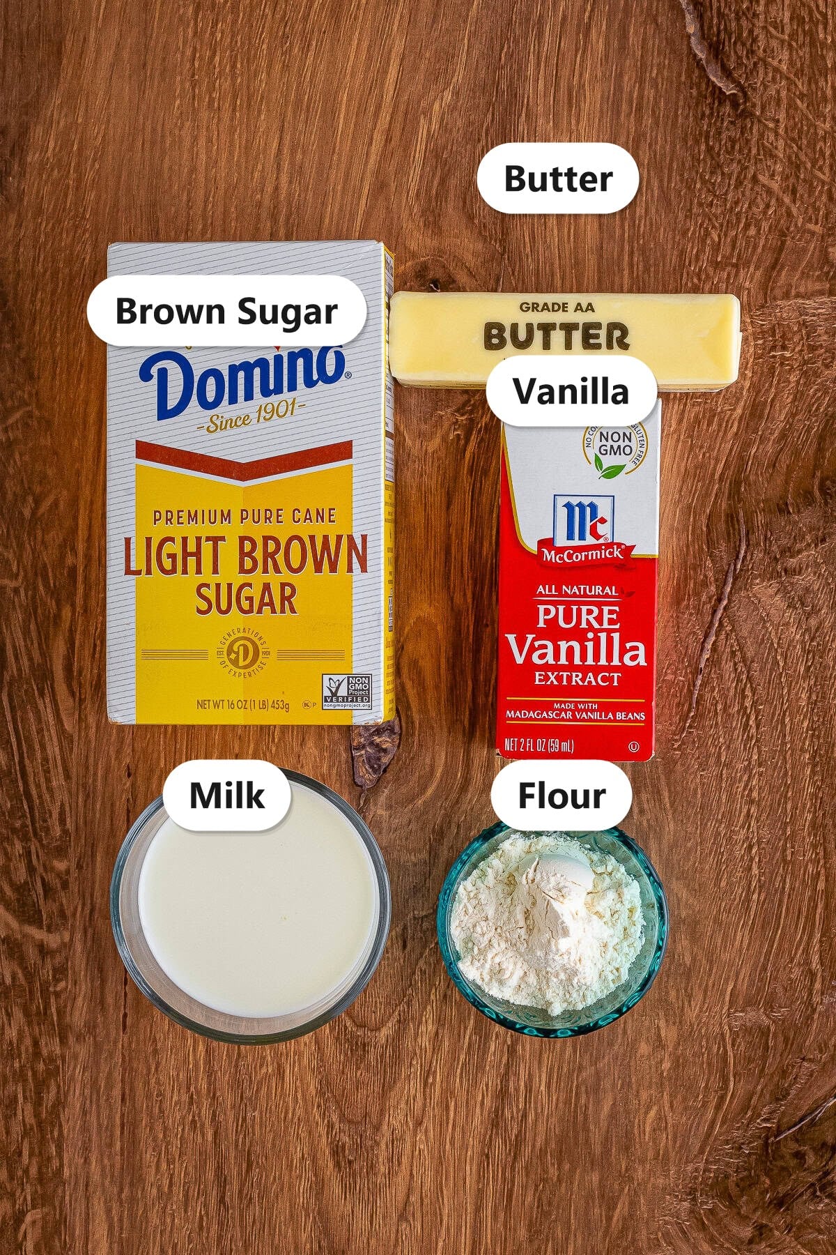 Labeled ingredients for brown sugar frosting including butter, brown sugar, milk, flour, and vanilla.