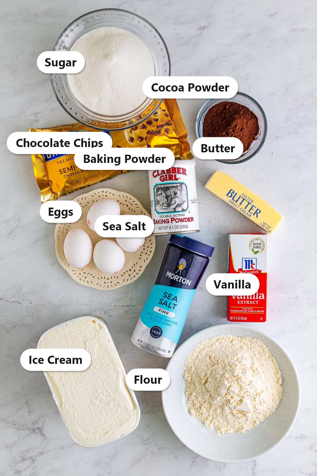 Labeled ingredients for brownie ice cream sandwiches including butter, chocolate chips, sugar, eggs, flour, cocoa powder, and vanilla ice cream.