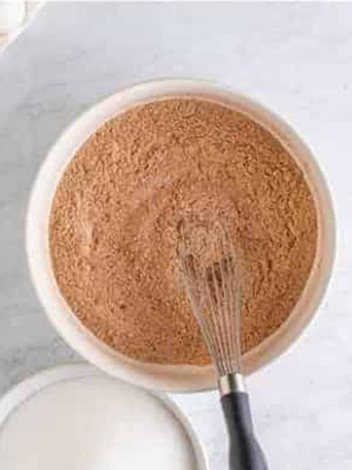 Flour, cocoa powder, baking powder, and salt whisked together in a bowl.