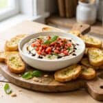 A bowl of creamy bruschetta dip topped with diced tomato basil bruschetta and balsamic, served with toasted crostini.