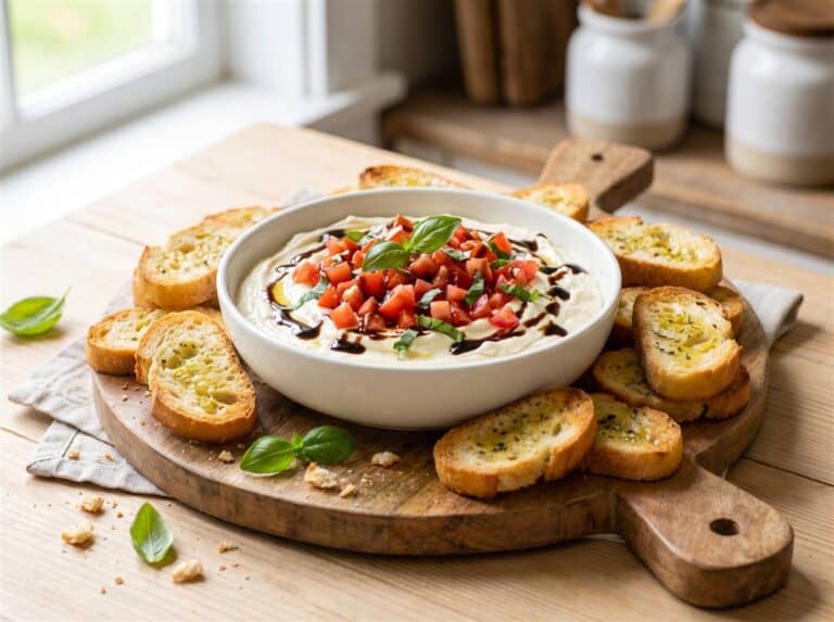 A bowl of creamy bruschetta dip topped with diced tomato basil bruschetta and balsamic, served with toasted crostini.