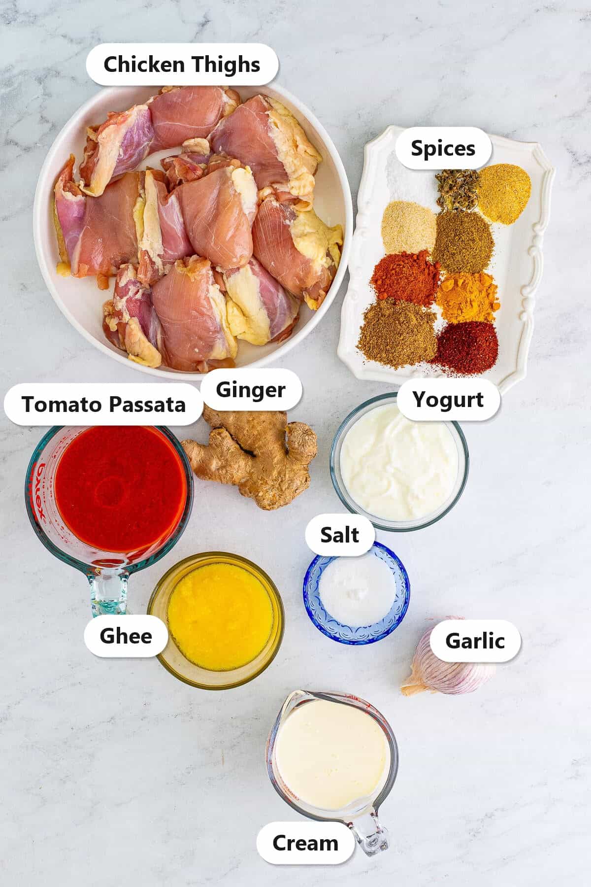 Labeled ingredients for butter chicken including chicken thighs, spices, tomato passata, ginger, yogurt, ghee, salt, garlic, and cream.
