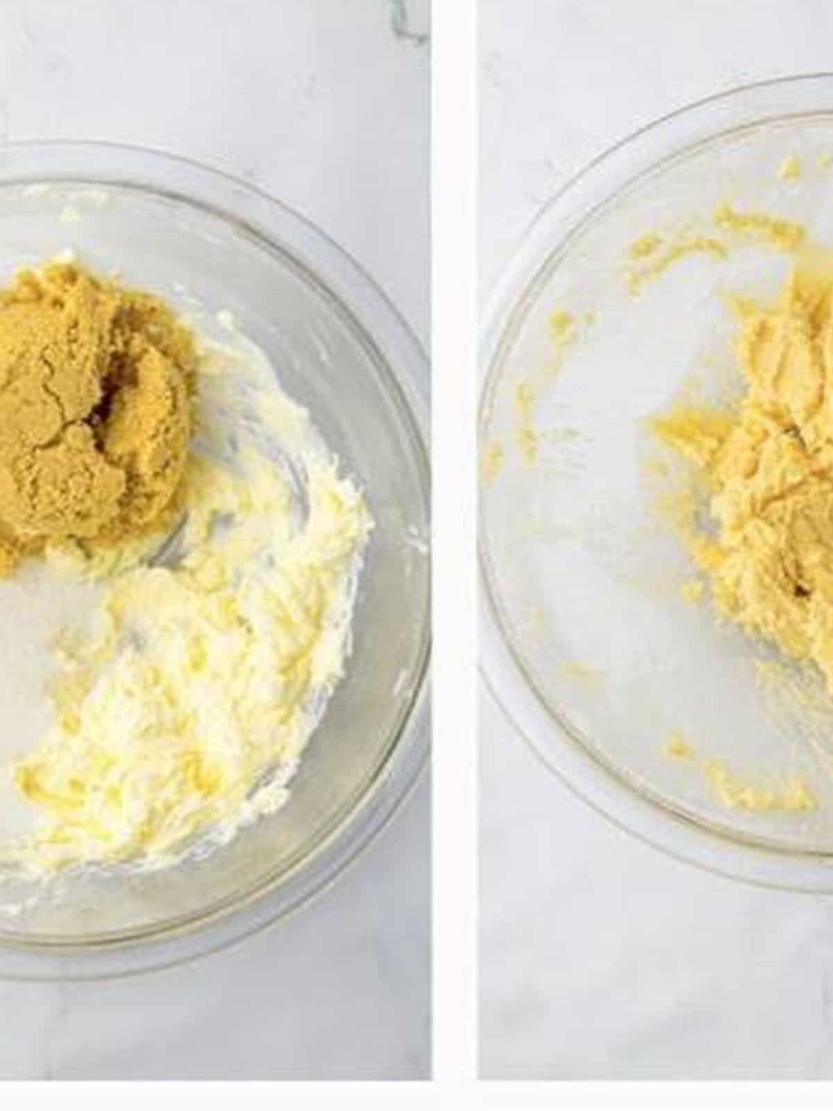 Sugars beaten into the creamed butter until light and fluffy.