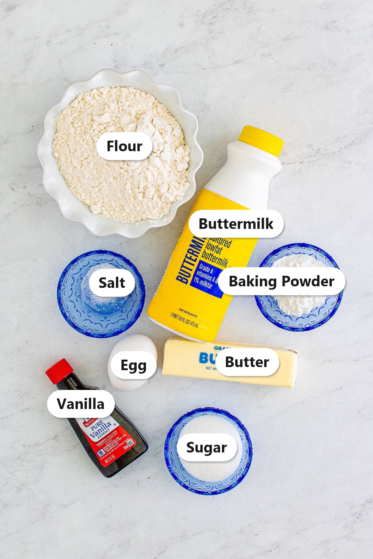 Labeled ingredients for Buttermilk Pancakes including flour, buttermilk, butter, egg, and vanilla.
