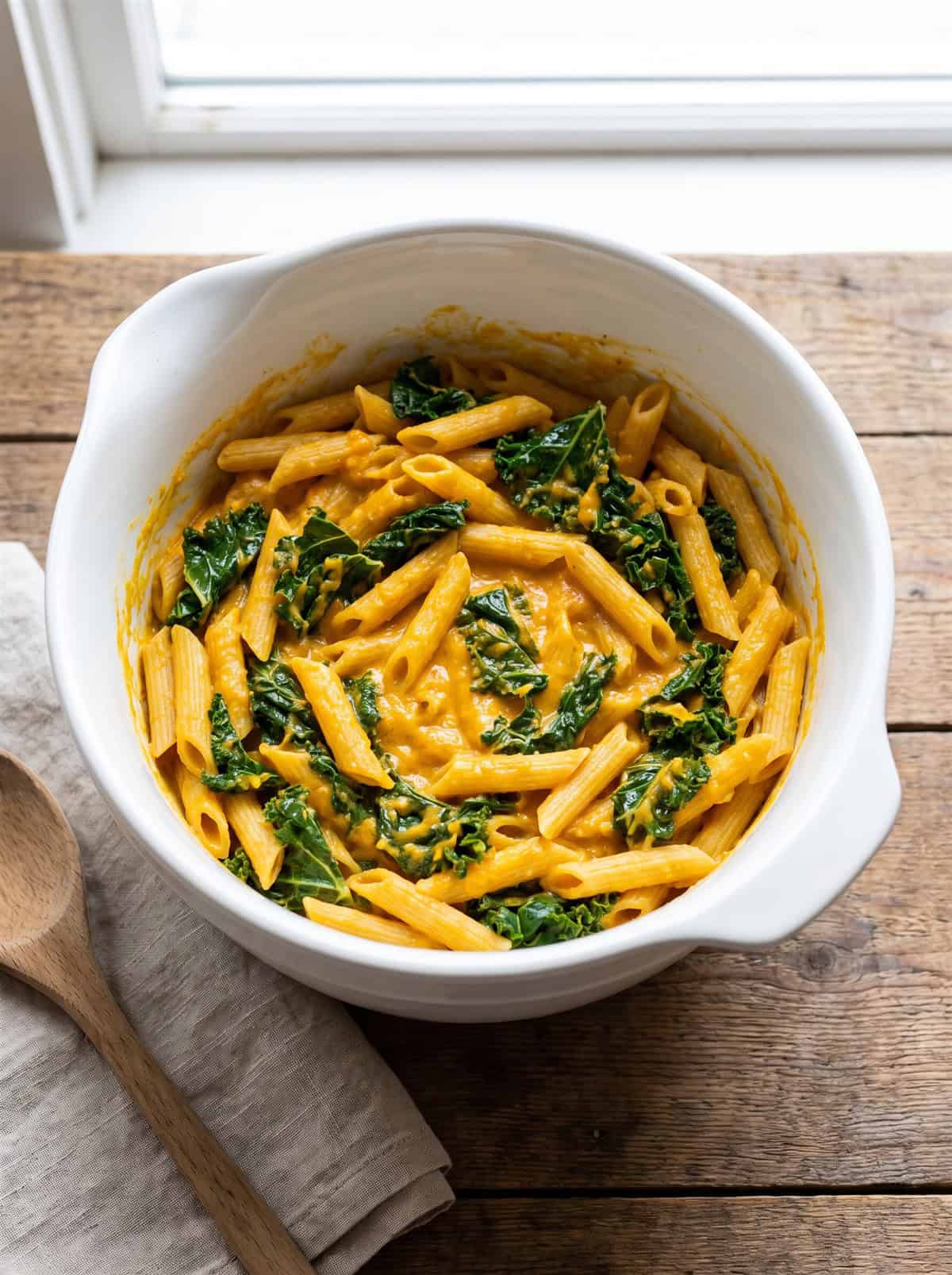 Penne pasta tossed with butternut squash sauce and kale in a white bowl.