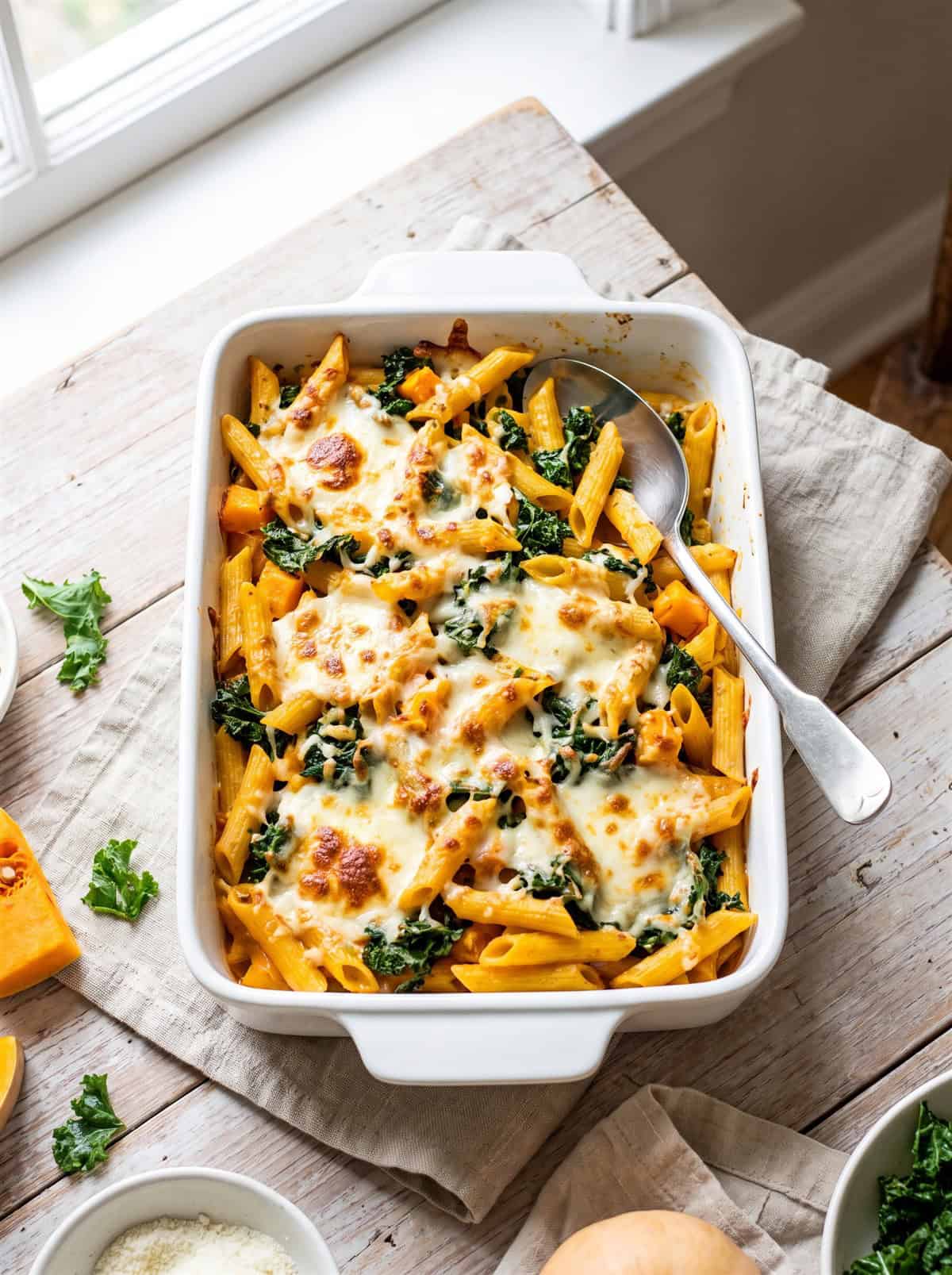 A baking dish of butternut squash penne pasta bake with kale and a golden melted cheese top.