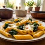 A serving of creamy butternut squash penne pasta with sauteed kale and melted cheese on a white plate.