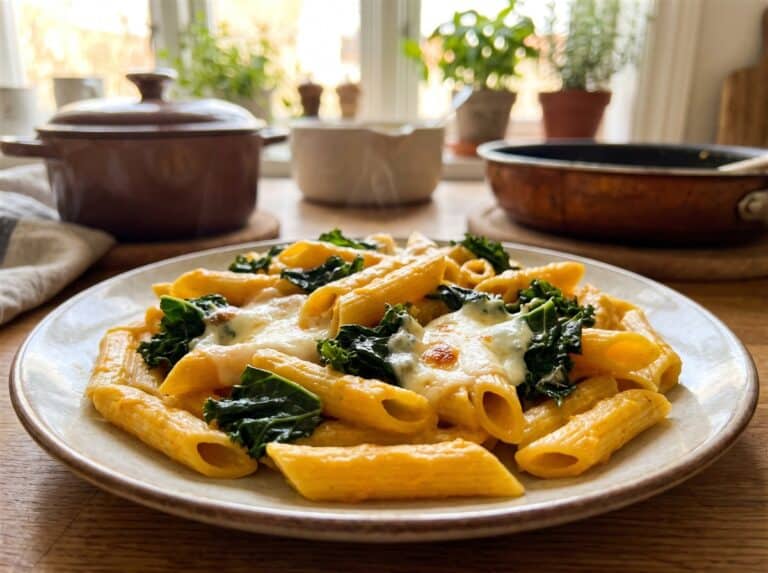 A serving of creamy butternut squash penne pasta with sauteed kale and melted cheese on a white plate.