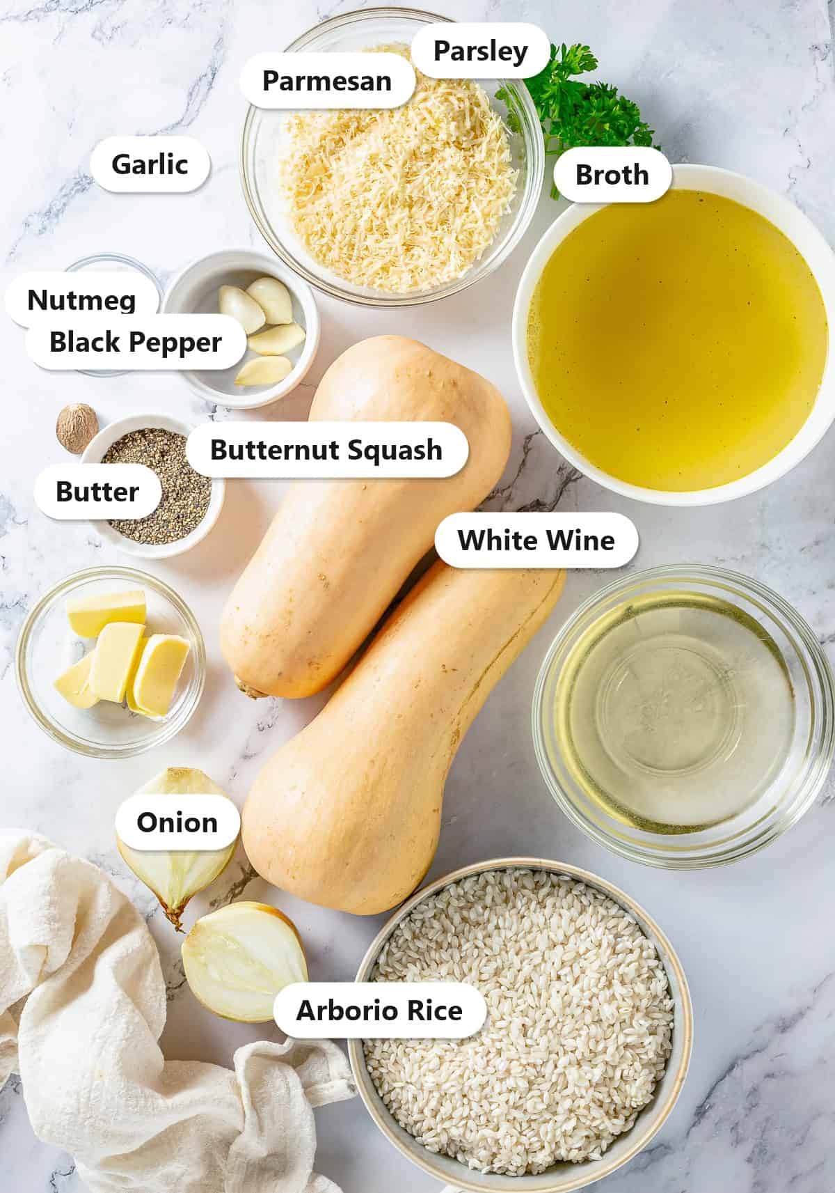 Labeled ingredients for Butternut Squash Risotto including arborio rice, butternut squash, parmesan, broth, white wine, onion, garlic, and butter.