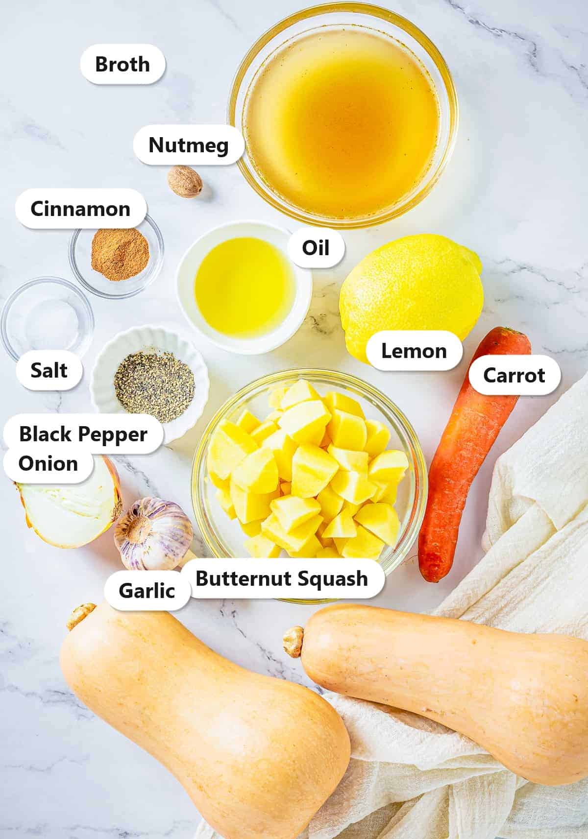 Labeled ingredients for butternut squash soup including butternut squash, broth, carrot, onion, garlic, lemon, oil, and spices.