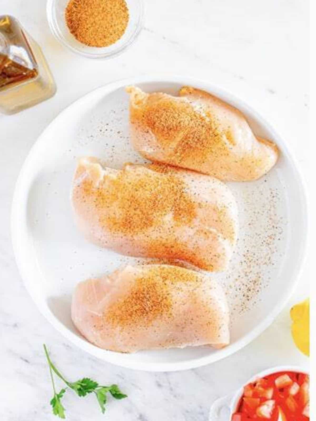 Raw chicken breasts seasoned with cajun seasoning on a white plate for Cajun Chicken Pasta.