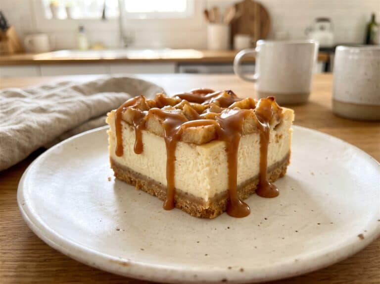 A caramel apple cheesecake bar on a plate drizzled with caramel sauce and topped with apples.