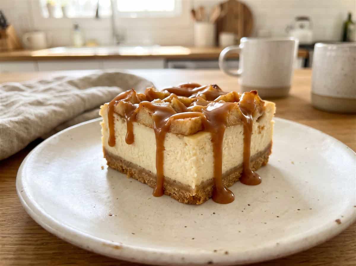 A caramel apple cheesecake bar on a plate drizzled with caramel sauce and topped with apples.