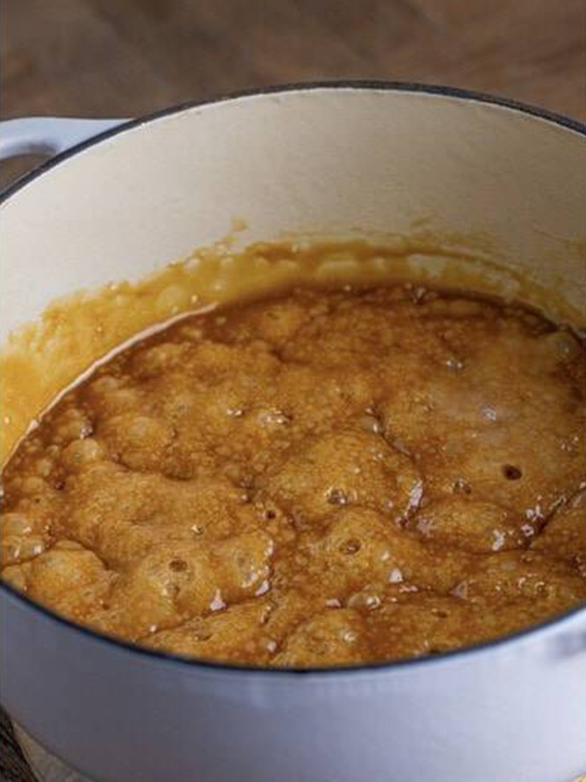 Caramel mixture boiling in a pot for caramel corn.