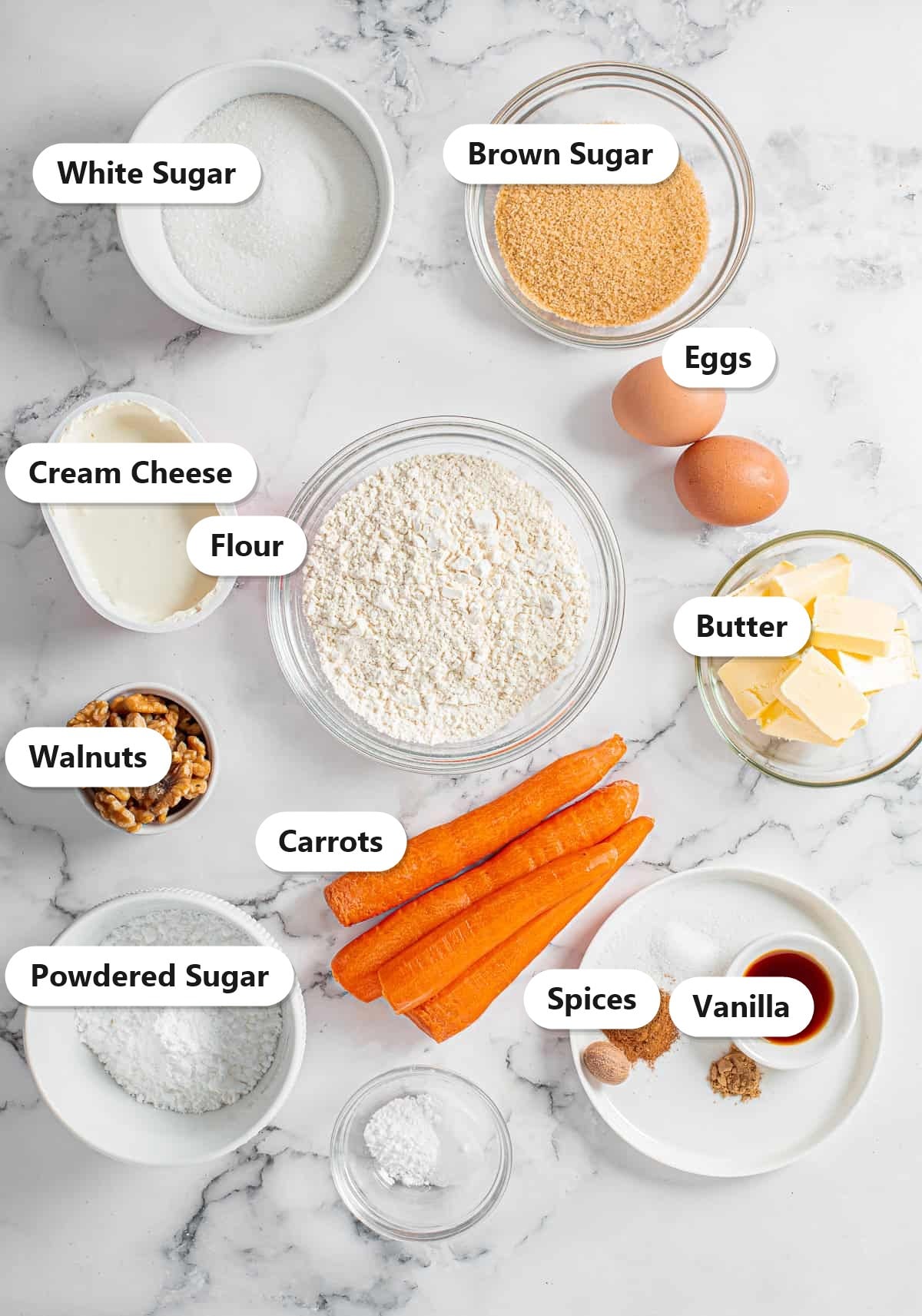 Labeled ingredients for carrot loaf cake including white sugar, brown sugar, eggs, cream cheese, flour, butter, walnuts, carrots, powdered sugar, spices, and vanilla.
