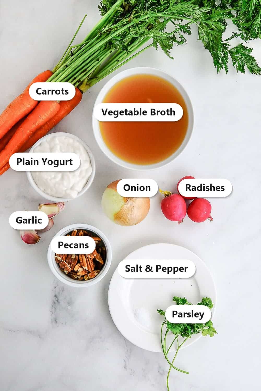 Labeled ingredients for creamy carrot soup including carrots, vegetable broth, plain yogurt, onion, radishes, garlic, pecans, and parsley.