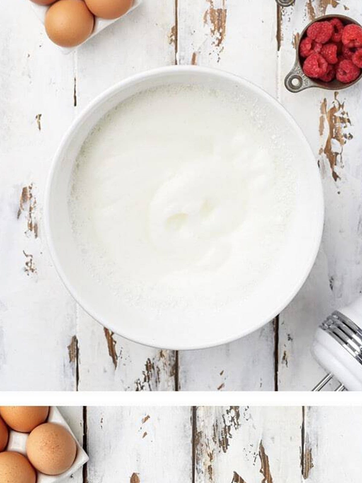 Whipped meringue with glossy stiff peaks for a Pavlova Recipe.