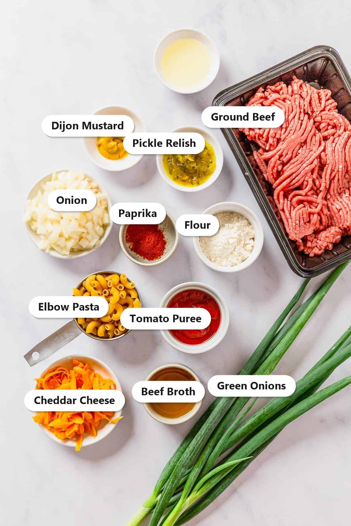 Labeled ingredients for Cheeseburger Pasta including ground beef, elbow pasta, cheddar, and tomato puree.