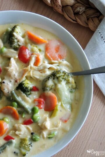 A bowl of creamy cheesy chicken and vegetable soup with broccoli, carrots, and peppers.