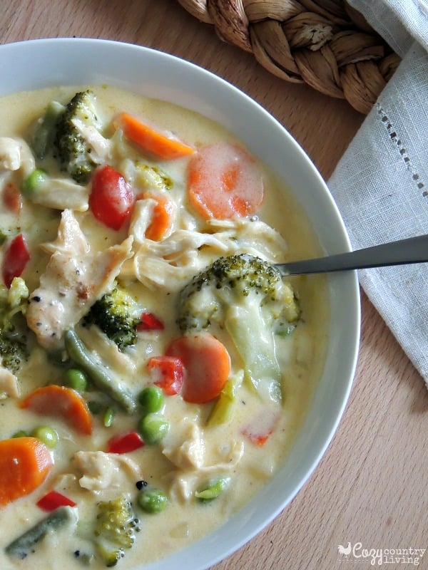 A bowl of creamy cheesy chicken and vegetable soup with broccoli, carrots, and peppers.