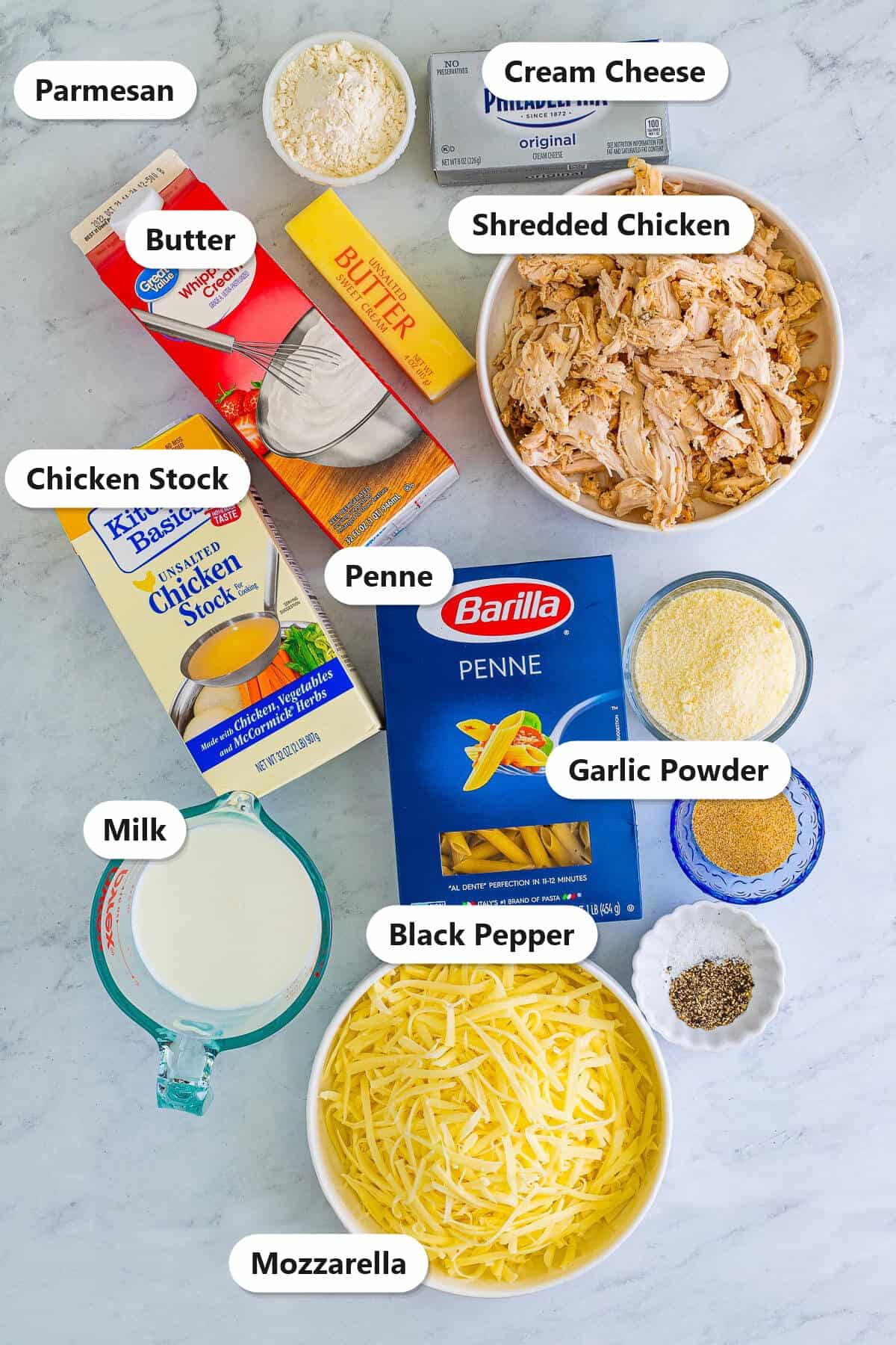 Labeled ingredients for chicken alfredo bake including penne, shredded chicken, cream cheese, parmesan, mozzarella, and butter.
