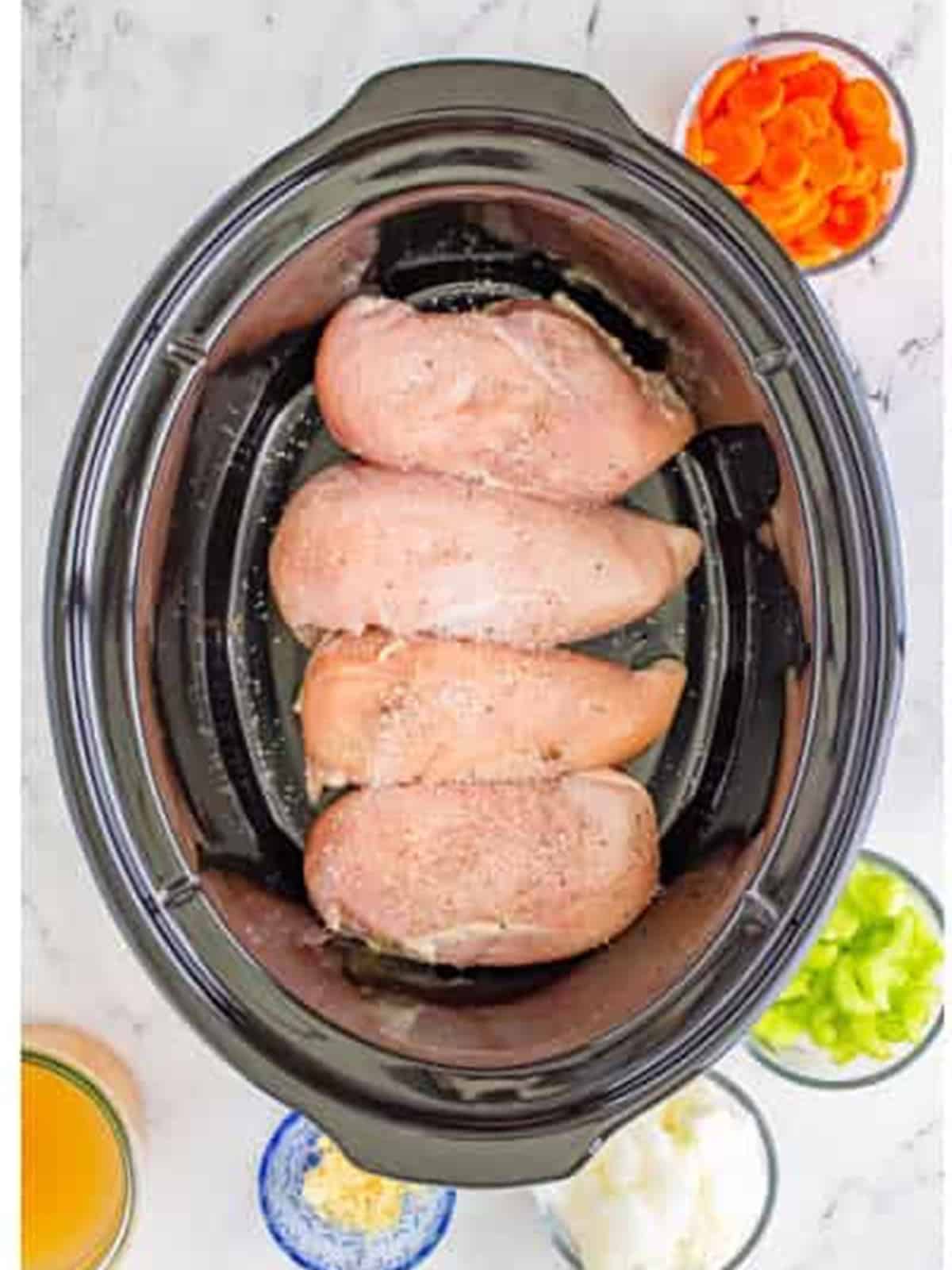 Seasoned chicken breasts in the bottom of a slow cooker.