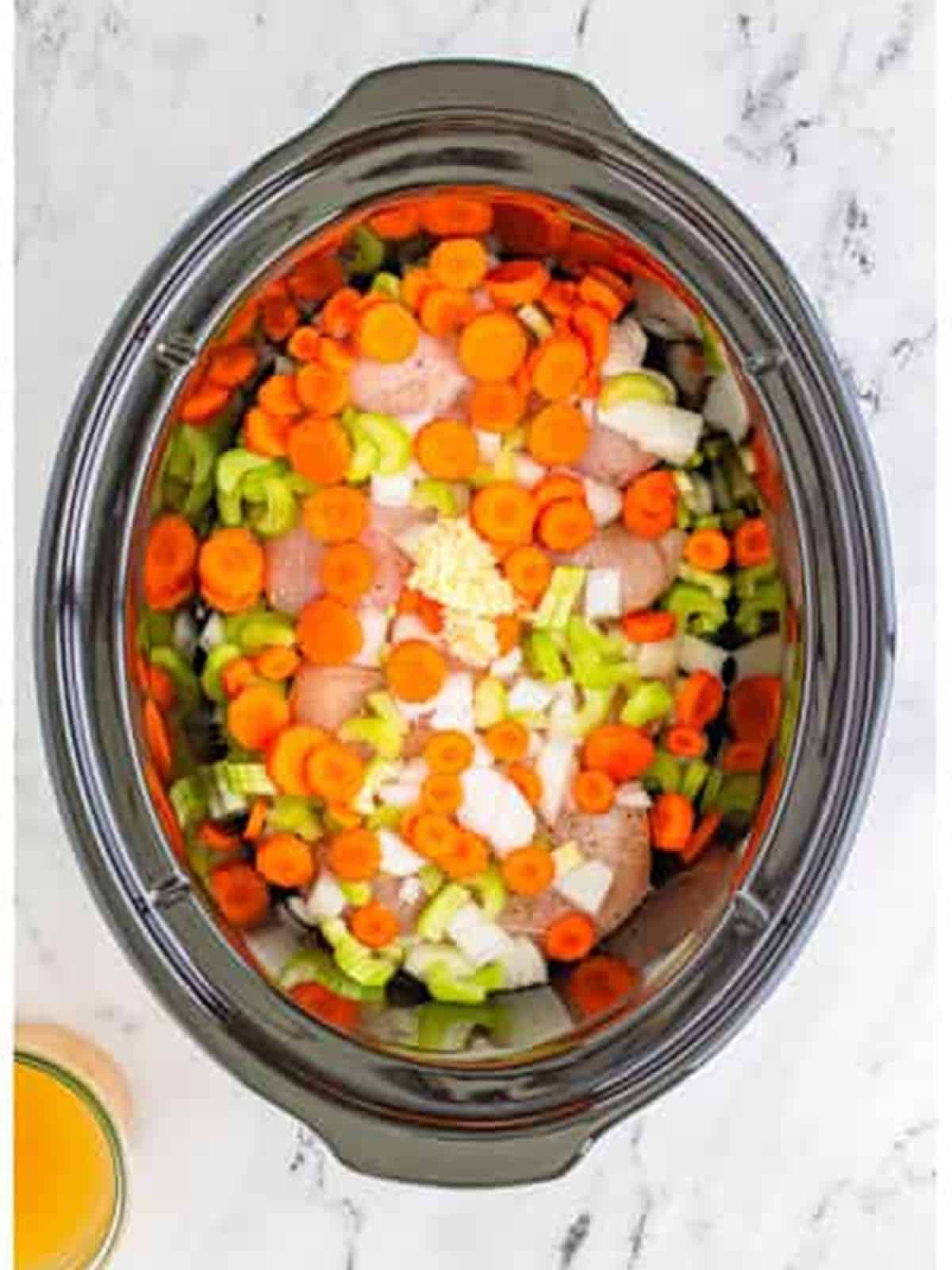 Onion, carrots, celery, and chicken stock added to the slow cooker.