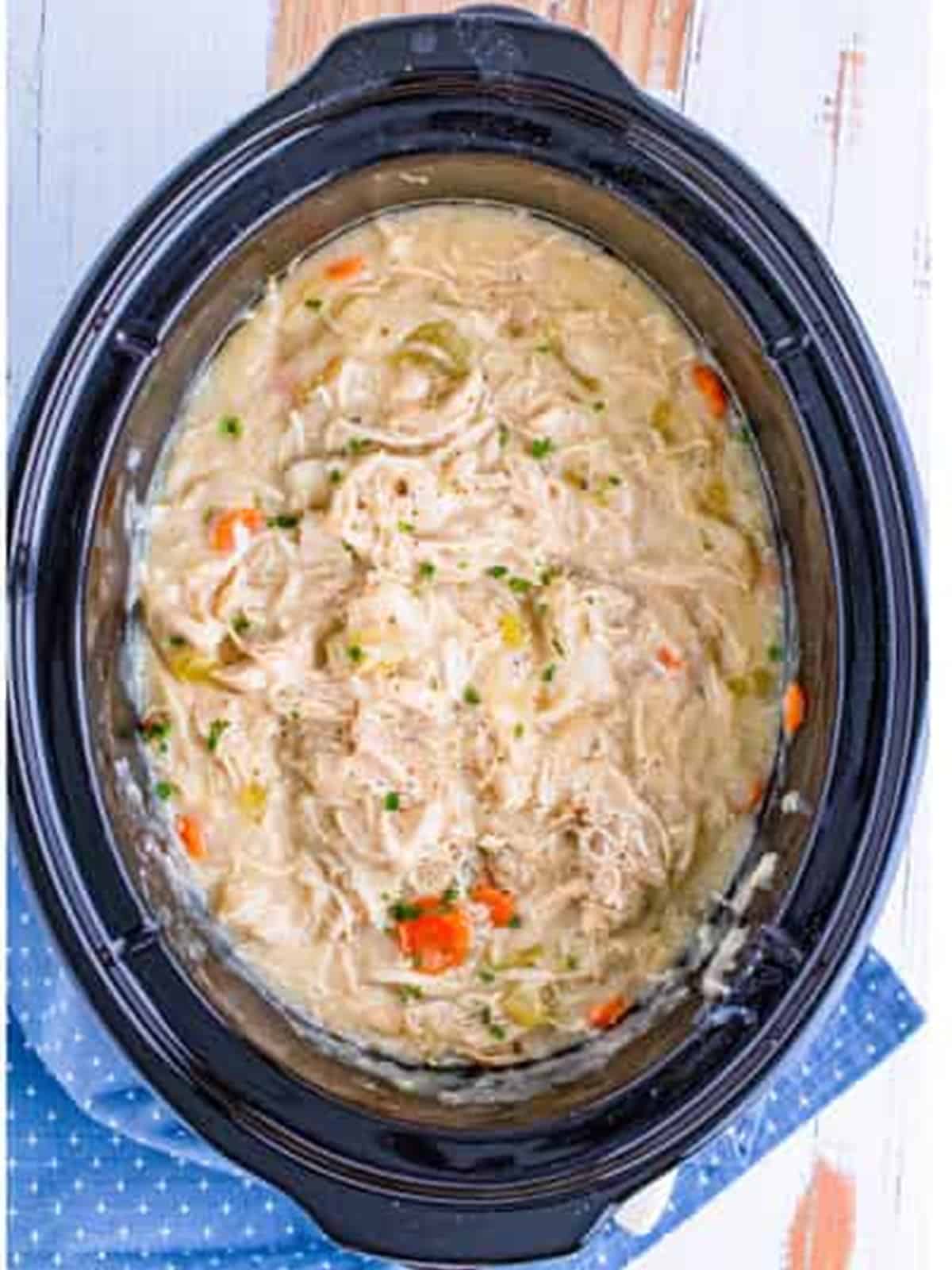 Finished slow cooker chicken and dumplings with thickened broth.