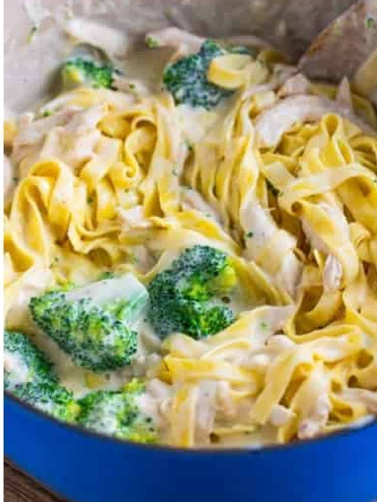 Tossing fettuccine, shredded chicken, and broccoli in the creamy alfredo sauce.