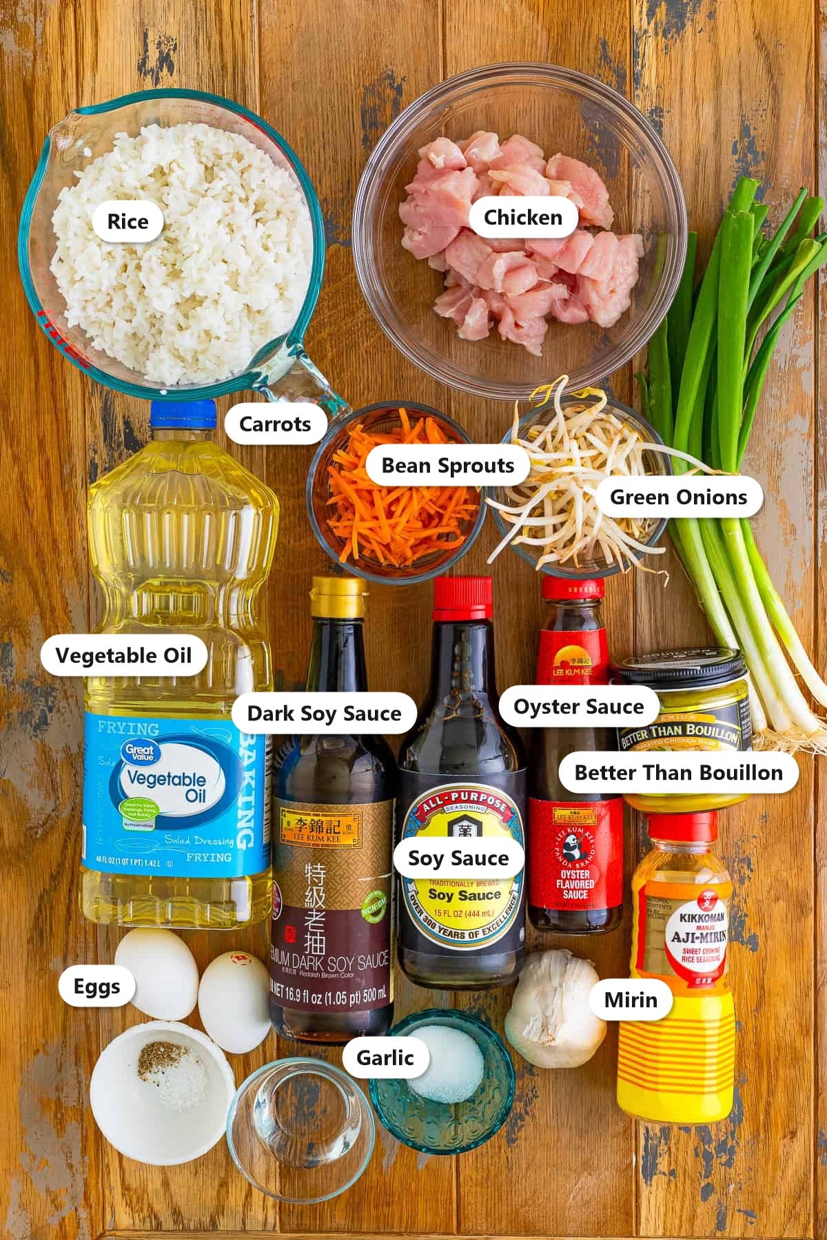 Labeled chicken fried rice ingredients including rice, chicken, eggs, vegetables, and Asian sauces