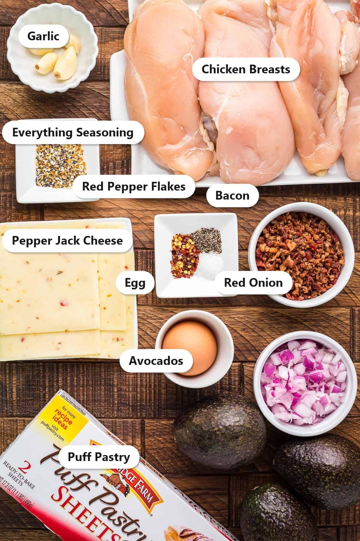 Labeled chicken in puff pastry ingredients including chicken breasts, bacon, avocados, pepper jack cheese, and puff pastry.